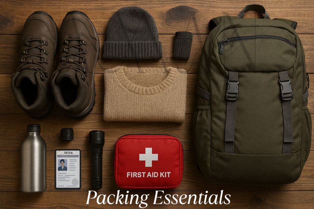 Trekking gear and packing essentials for Amarnath Yatra displayed